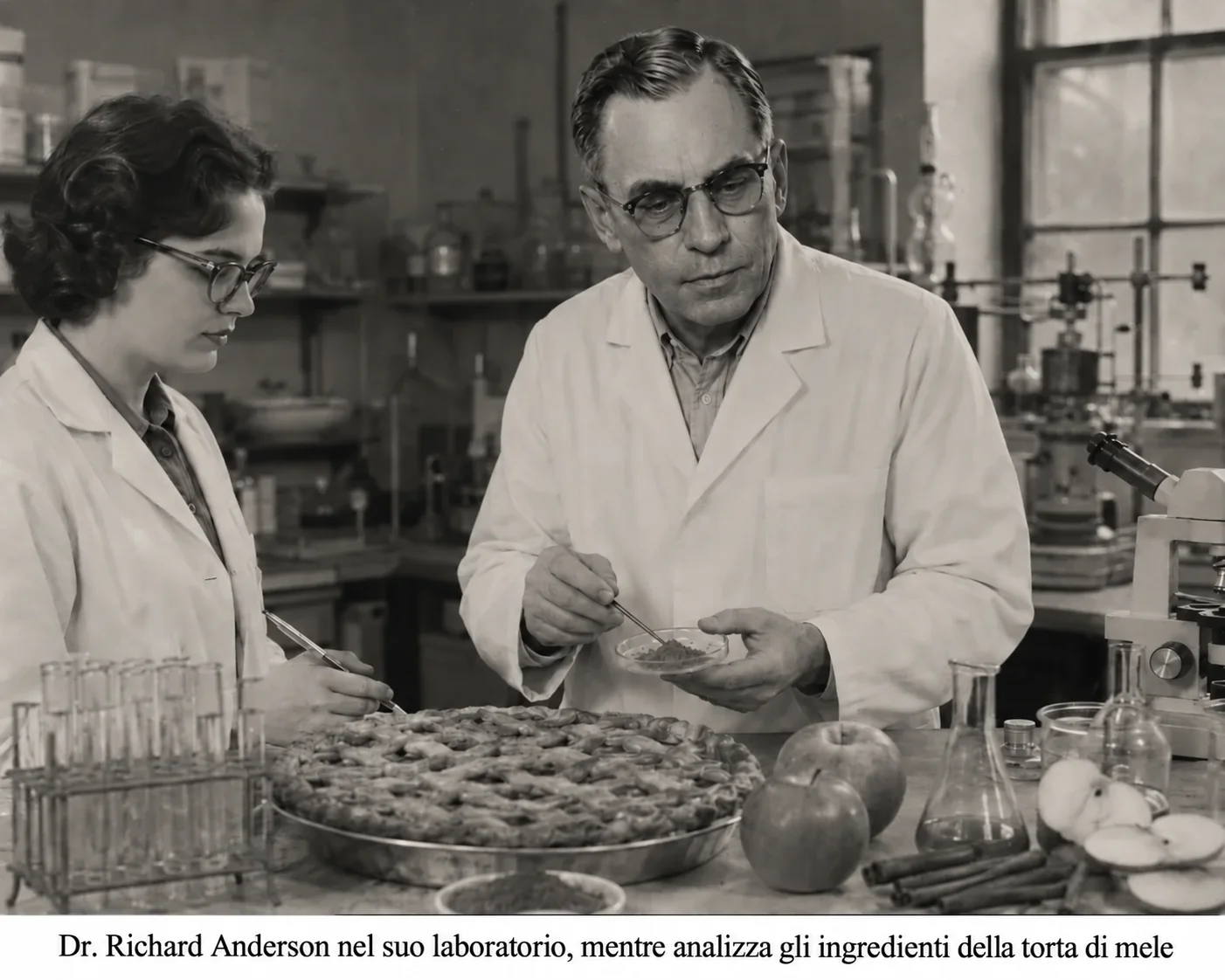 Il Dott. Richard Anderson nel suo laboratorio, analizzando gli ingredienti della torta di mele