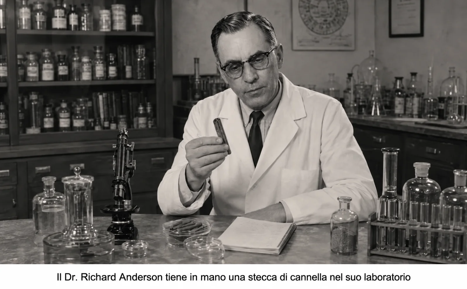 Il Dott. Richard Anderson con un bastoncino di cannella nel suo laboratorio