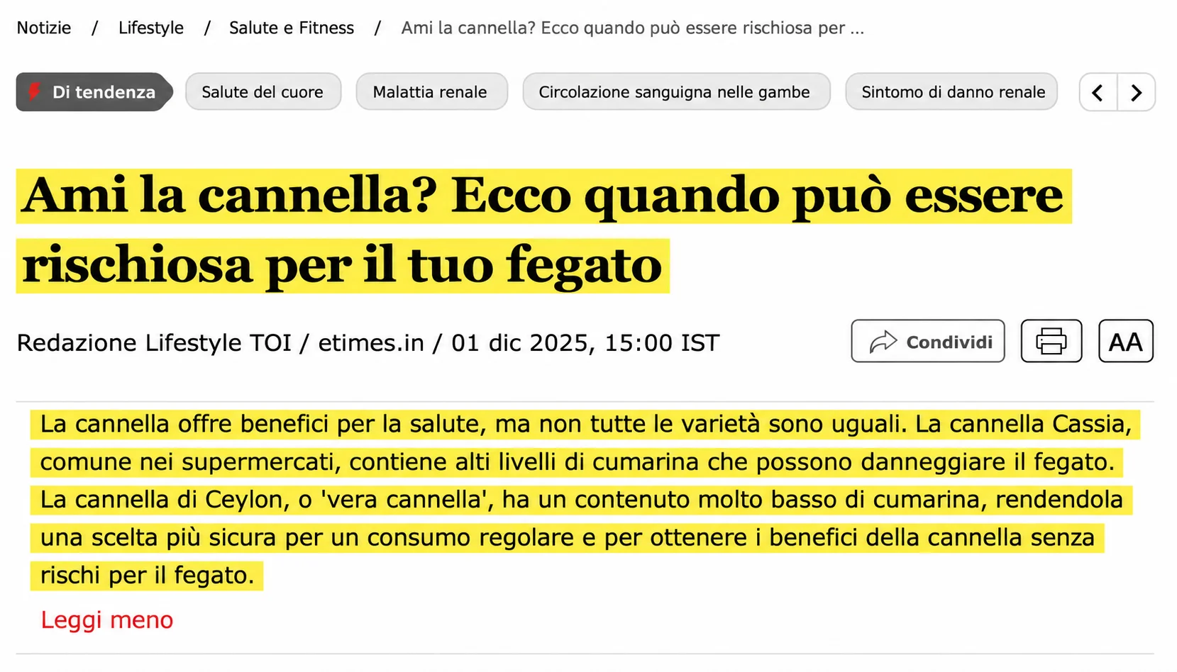 Articolo: Ami la cannella? Ecco quando può essere rischiosa per il fegato