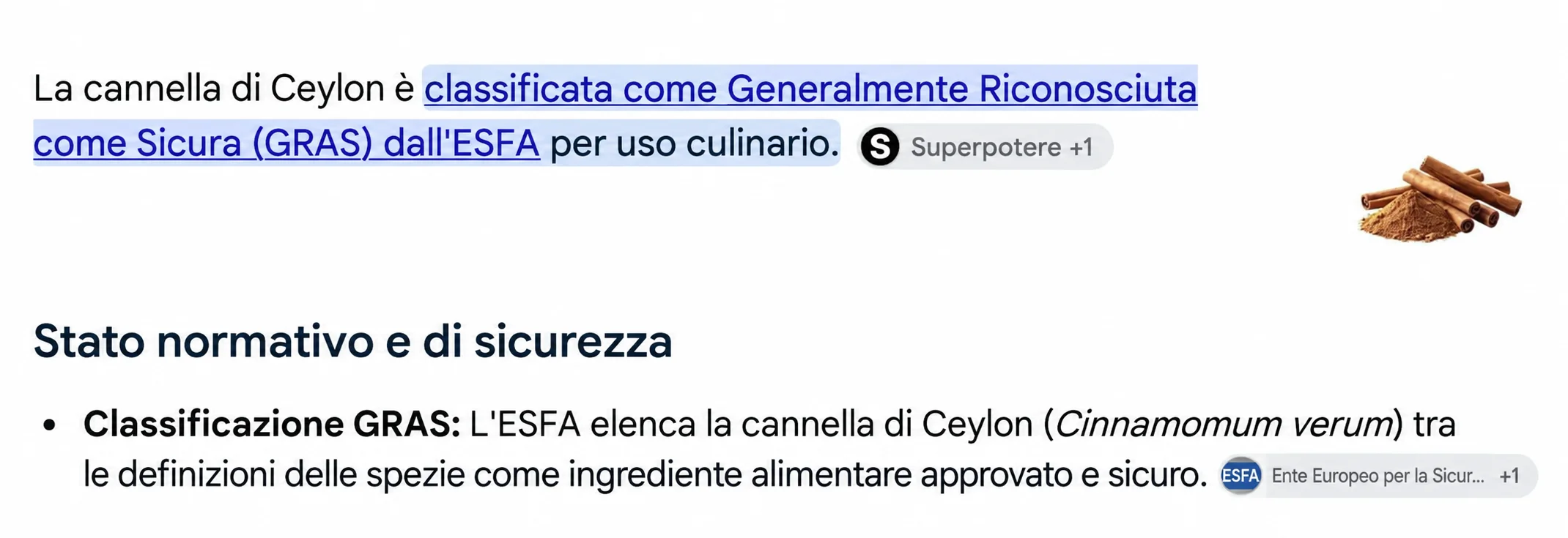 Classificazione FDA GRAS che elenca la cannella Ceylon come sicura